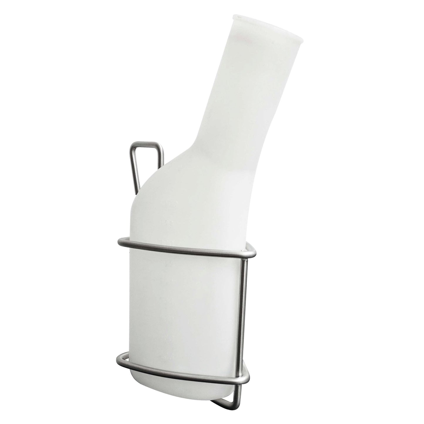 A white male urinal made of plastic with a long, angled neck and measurement markings fits into the Novocal stainless steel urine bottle holder, which is attached to the patient's bed; handle on the back for easy handling. Package: 1 piece.