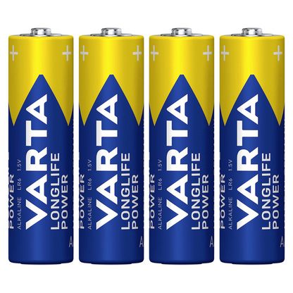 Four vertically aligned Varta AG Industrial Pro Mignon AA batteries with blue and yellow brand labels.