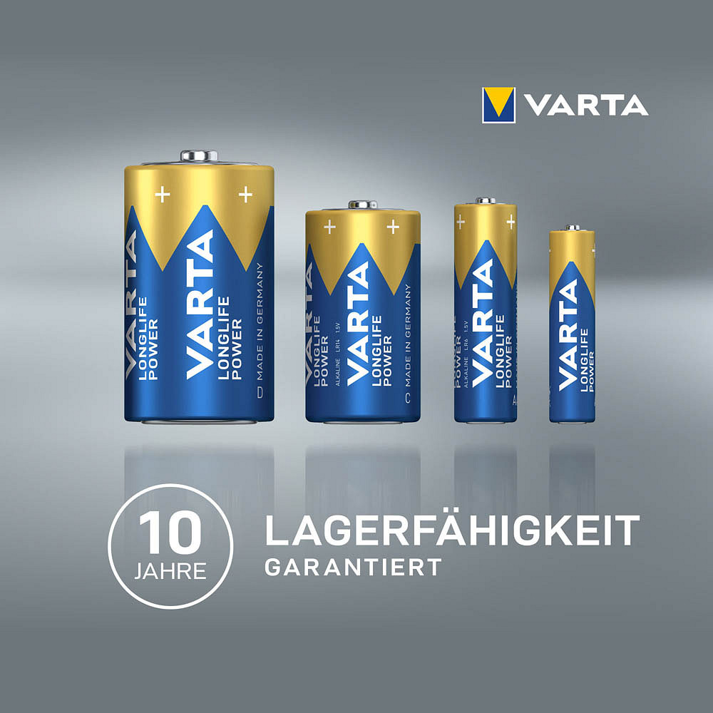 Four Varta Longlife Power 4906 AA batteries from Varta AG stand on a gray background. The blue and golden batteries in the 4-pack are ideal for devices with high energy demand and offer a 10-year shelf life guarantee.