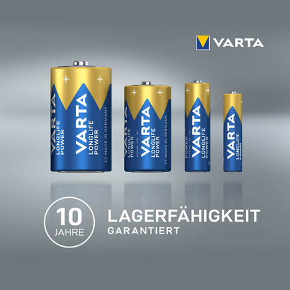 Four Varta Longlife Power Micro AAA batteries 4903 LR03, sorted from largest to smallest, with the print "10 years shelf life guaranteed".