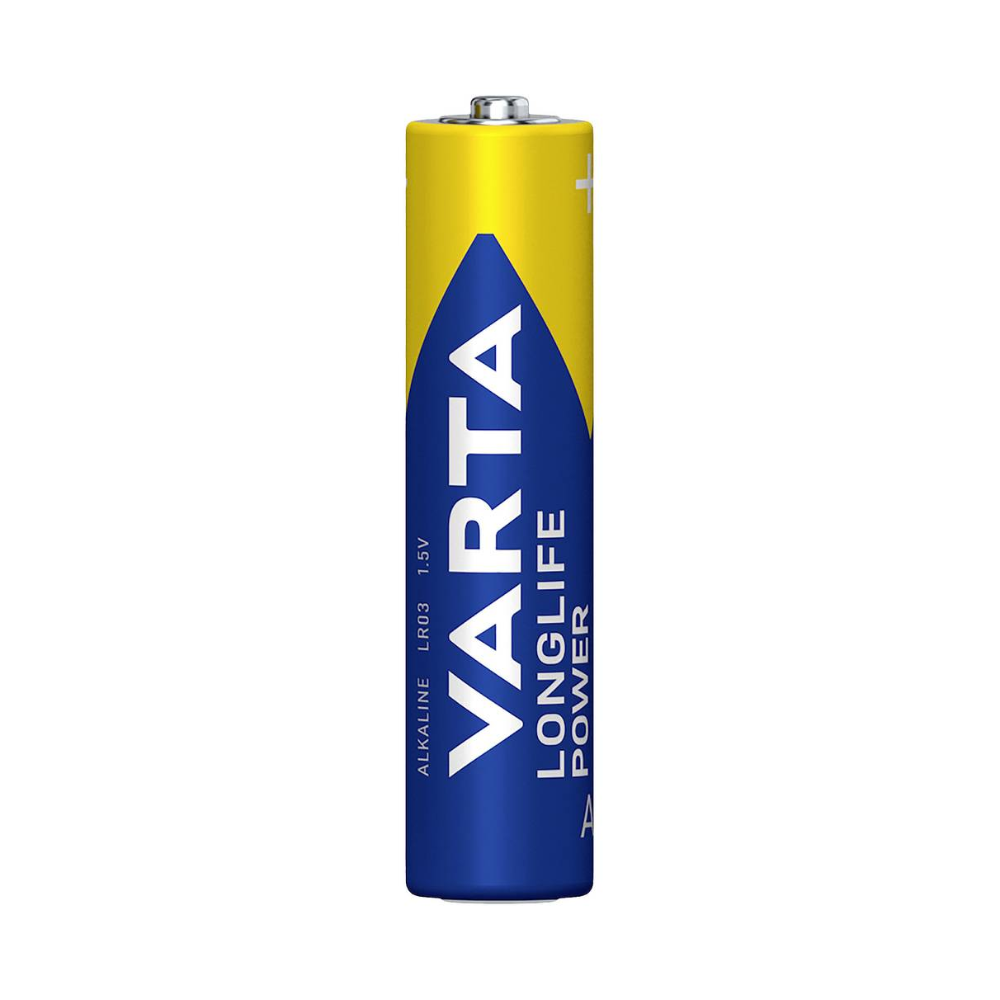A single Varta Longlife Power Micro AAA battery. The battery is predominantly blue with a large blue triangle and yellow accents, as well as the brand logo and type details of Varta AG.
