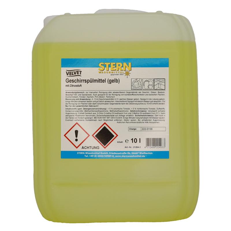 Ein gelber 10-Liter-Kunststoffbehälter der Stern Waschmittel GmbH Velvet Geschirrspülmittel gelb, biologisch abbaubar, mit einem Etikett, auf dem Produktangaben, Gebrauchsanweisungen, Sicherheitswarnungen und ein Gefahrensymbol aufgeführt sind.