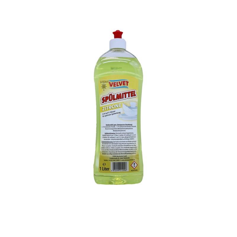 Eine 1-Liter-Kunststoffflasche Velvet Geschirrspülmittel gelb der Stern Waschmittel GmbH mit rotem Flip-Top-Verschluss und gelbem Etikett mit Produktinformationen in deutscher Sprache.