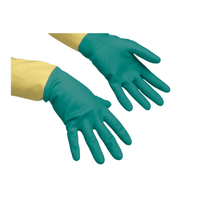 A pair of green rubber gloves, the Vileda Professional HeavyWeight—the durable natural latex glove from Vileda GmbH—features a textured surface. These heavy-duty gloves are worn over yellow sleeves, with both hands positioned palm-down to handle harsh chemicals.