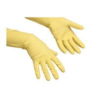 A pair of yellow Vileda Professional SafeGrip kitchen gloves—non-slip natural latex gloves from Vileda GmbH with a textured grip on the palms; one glove is shown with the palm facing up and the other with the back of the hand facing up—ideal for cleaning tasks.