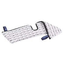 The Vileda Professional Swep Duo HygienePlus Mop from Vileda GmbH is a white-black structured cleaning pad in a rectangular shape with a notch and two blue tear-off tabs, ensuring optimal performance and effective cleaning results with every use.