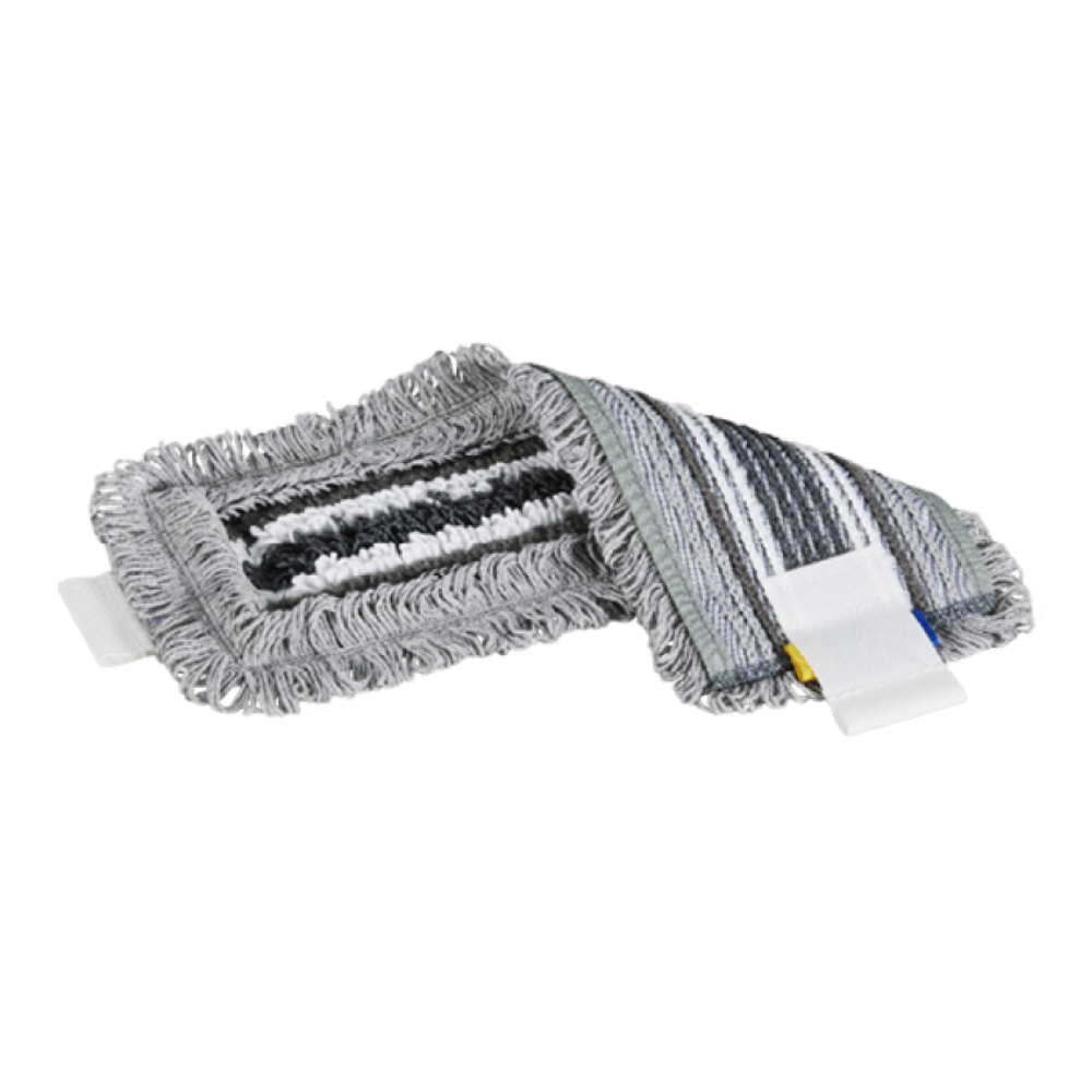 A gray Vileda Professional UltraSpeed Trio mop head from Vileda GmbH with textured stripes lies flat on a white surface. The fringed edges and Velcro fasteners emphasize its practical design for use with mop handles and include advanced microfiber technology for efficient cleaning.