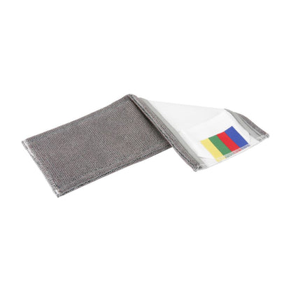 A partially opened gray fabric bag reveals a transparent holder with four colored pockets in blue, yellow, red, and green. Its textured surface is reminiscent of the design of the Vileda Professional SafeMop mop for safety floors by Vileda GmbH, combining functionality with subtle elegance.