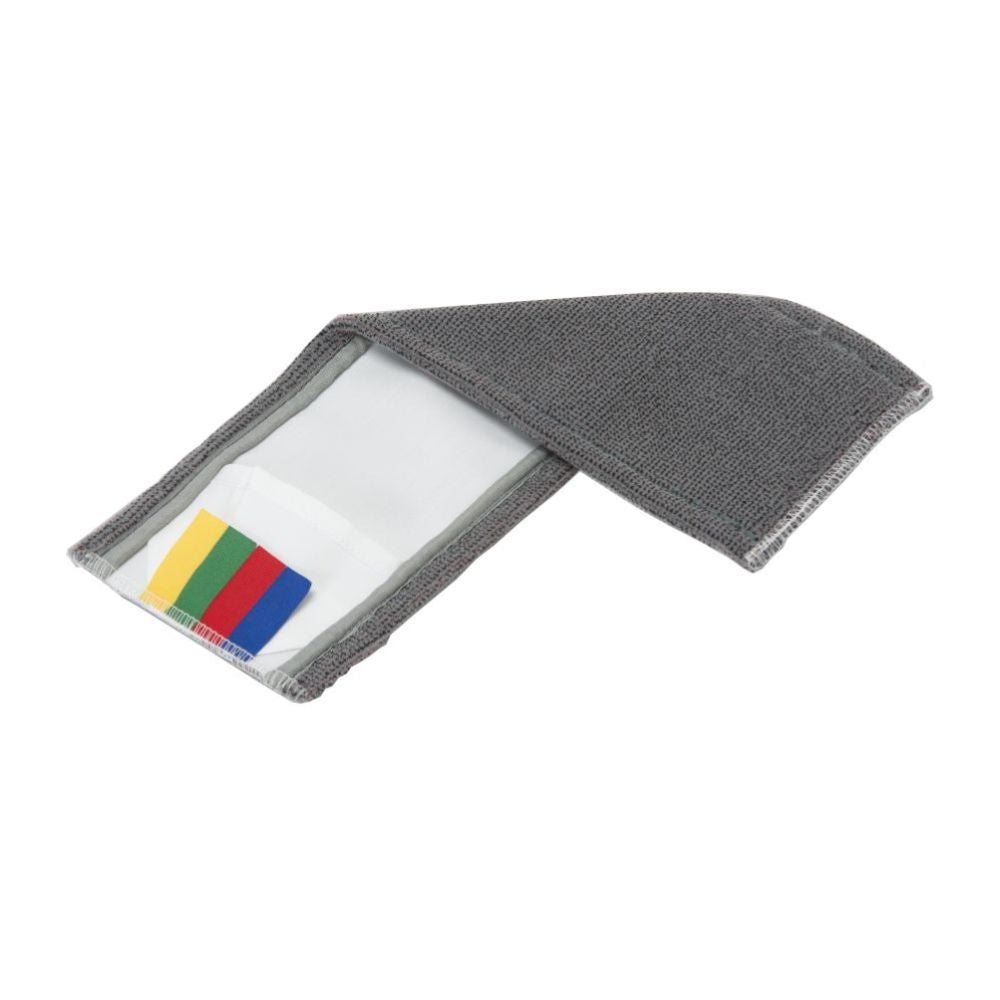 The Vileda Professional SafeMop mop from Vileda GmbH features a gray fabric strap with a transparent pocket for displaying five colored cards – black, green, yellow, red, and blue – perfect for managing cleaning system procedures and ensuring optimal care of safety floors.