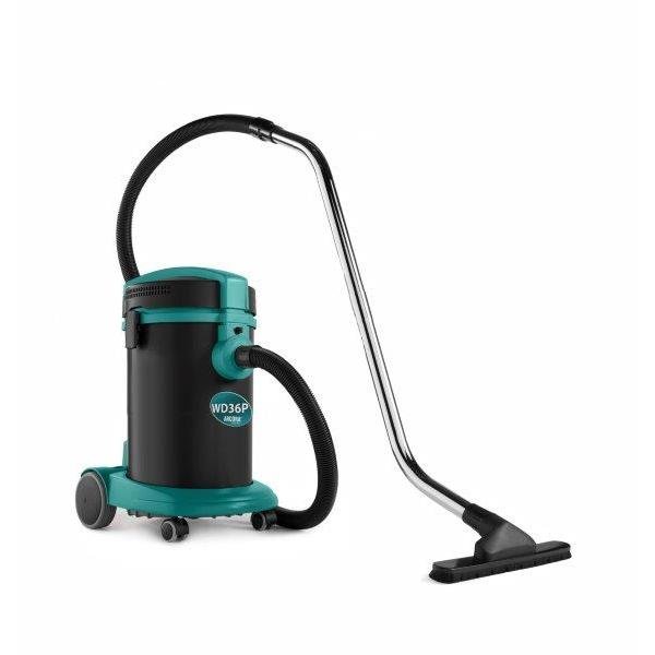 The Arcora Wd 36 P wet/dry vacuum cleaner from Arcora International GmbH, with medium container volume, features a long hose, a metal extension tube, and a wide floor attachment for versatile cleaning.