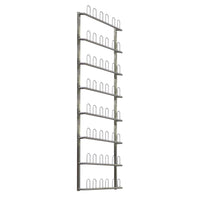 The Novocal stainless steel wall-mounted shelf for surgical shoes holds 24 pairs of shoes. With eight shelves and U-shaped dividers, the shoes are stored vertically in a secure and organized manner. Dimensions: 755 x 130 x; Package: 1 piece.