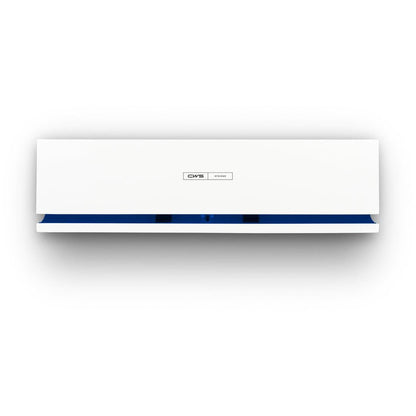 A rectangular white CWS Air Bar fragrance dispenser with a blue accent and CWS front panel is mounted on a white wall, presenting itself in a modern design.