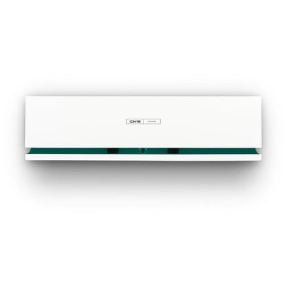 A white, rectangular, wall-mounted CWS front panel for the Air Bar fragrance dispenser features a modern design with a small green window and a central "CWS Hygiene" label. Ideally suited for the CWS Air Bar fragrance dispenser.