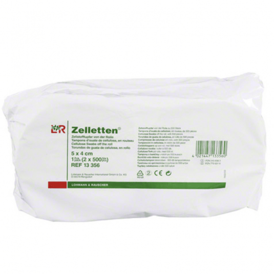 The package of Zelletten® cellulose swabs from Lohmann & Rauscher is ideal for medical applications. The label lists the size (5 x 4 cm), the quantity (2 packs of 500), and the reference number (13 356). The package is predominantly white with green text.