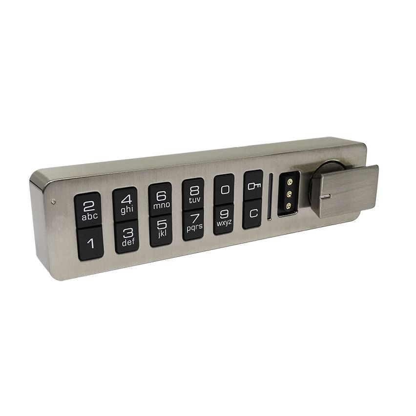 The Novocal electronic combination lock for single locks features a horizontal keypad with the digits 0-9, clear and enter keys, metal surface, and a knob bolt on the right side as part of the locking system.