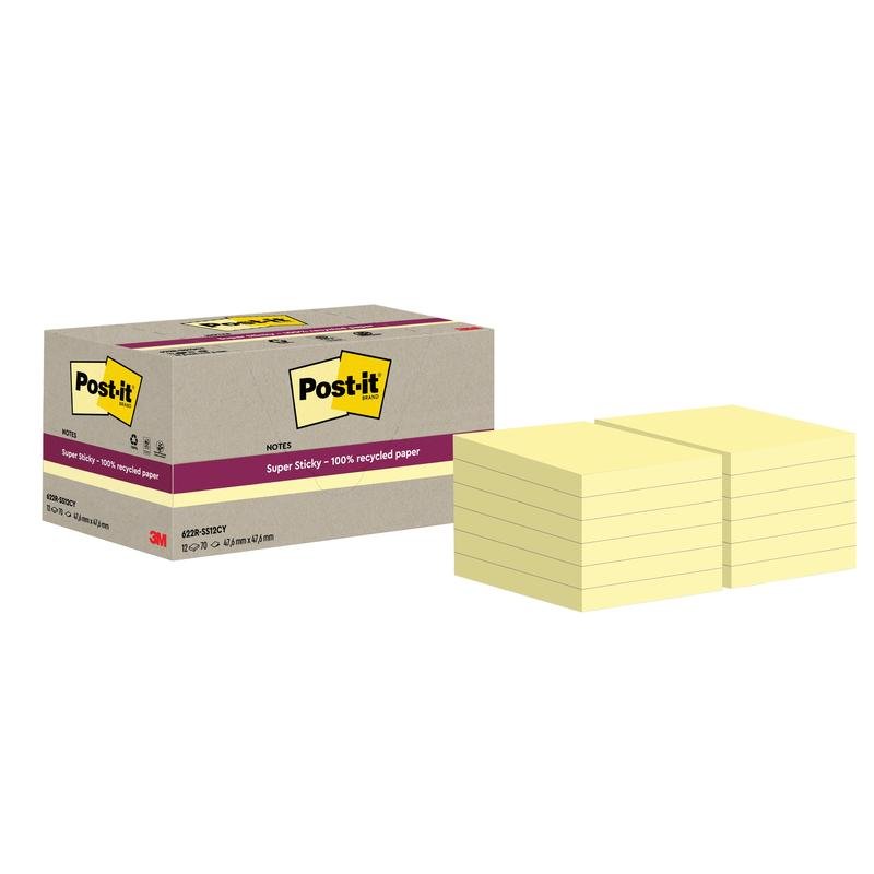 A box labeled "Post-it® Super Sticky 100% Recycled Notes, 47.6 mm x 47.6 mm, 70 sheets/block, 100% PEFC" from 3M Deutschland GmbH stands next to several stacks of yellow square notes.