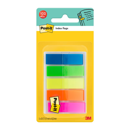 Eine versiegelte Packung Post-it® Index Haftstreifen, Mini (11,9 mm x 43,2 mm) der 3M Deutschland GmbH enthält 100 farbige Streifen in fünf Stapeln, in den Farben blau, grün, gelb, orange und pink. Die Verpackung ist gelb mit Produktangaben.
