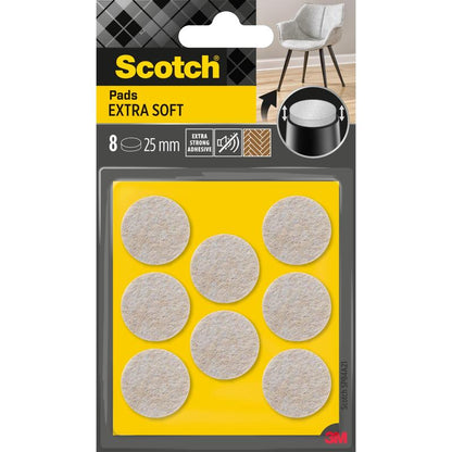 Eine Packung 3M Scotch® Extra weiche Filzpads, selbsthaftend, beige, enthält 8 runde Pads (je 25 mm) auf gelber Verpackung. Die Packung verfügt über einen extra starken Klebstoff und ist für die Verwendung an Möbeln konzipiert.