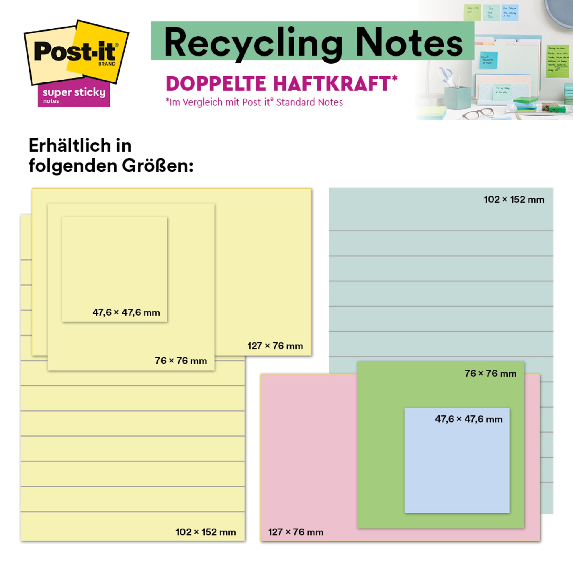 Eine Tabelle zeigt Post-it® Super Sticky 100 % Recycling Notes (3M Deutschland GmbH), liniert, 102 x 152 mm, sortierte Farben, 45 Blatt/Block, 4 Blöcke/Packung (100 % PEFC). Die Abmessungen stehen neben jeder Notiz. Oben rechts: Zettel auf dem Schreibtisch. Text auf Deutsch.