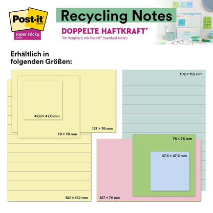 A graphic shows Post-it® Super Sticky 100% Recycling Notes (76x76mm, 70 sheets, PEFC) in pastel colors and sizes, with millimeter specifications. The product by 3M Deutschland GmbH appears in a workspace; the text is in German and English.