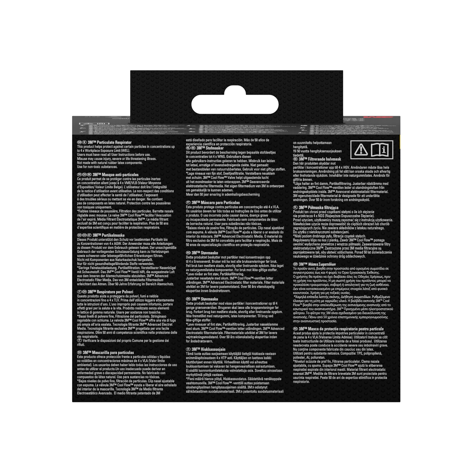 Die Abbildung zeigt die Rückseite einer 3M™ Partikelmaske 8810, FFP2, ohne Ventil, 3er-Packung von 3M Deutschland GmbH, mit einer mehrsprachigen Anleitung und zwei kleinen Symbolen oben rechts auf schwarzem Hintergrund.