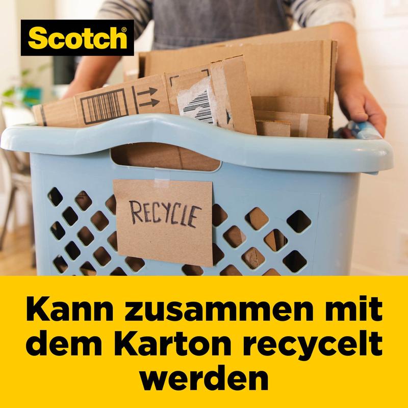 A person holds a blue basket with flattened cardboard and a "Recycle" sign. The 3M Scotch® Box Lock™ Paper Packaging Tape (48 mm x 22.8 m) logo is at the top left. Text below: "Can be recycled with the box."