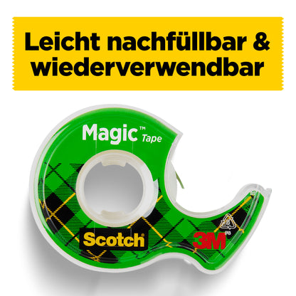 Ein grüner Scotch® Magic™ Unsichtbares Klebeband (19 mm x 25 m) Spender der 3M Deutschland GmbH mit schwarz-gelb kariertem Design. Darüber befindet sich eine gelbe Box mit deutschem Text: "Leicht nachfüllbar & wiederverwendbar.