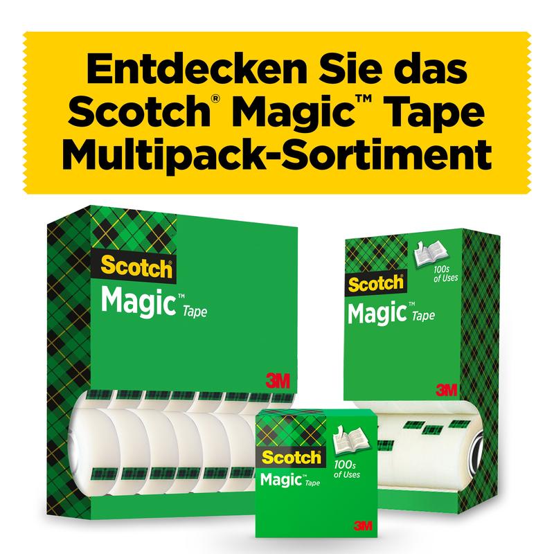 Three boxes of Scotch® Magic™ Invisible Tape, Value Pack 14 rolls (19 mm x 33 m) from 3M Deutschland GmbH are depicted in front of a yellow German sign. The green packaging emphasizes the brand and the everyday usability of the tape.