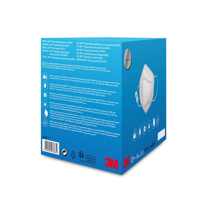 A blue box from 3M Deutschland GmbH with white text and symbols shows an image of the 3M™ Particle Mask 9623. The packaging for 1 mask (3/Package) contains information in multiple languages, certification and recycling symbols, as well as the note "Protection against particles."