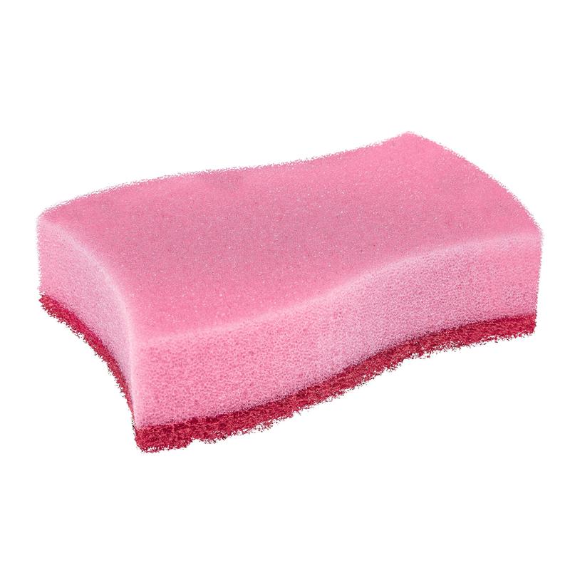 A pink Scotch-Brite® Delicate Color non-scratch cleaning sponge from 3M Deutschland GmbH, slightly curved with a darker underside, ideal for delicate surfaces. Two pieces per pack, presented against a white background.