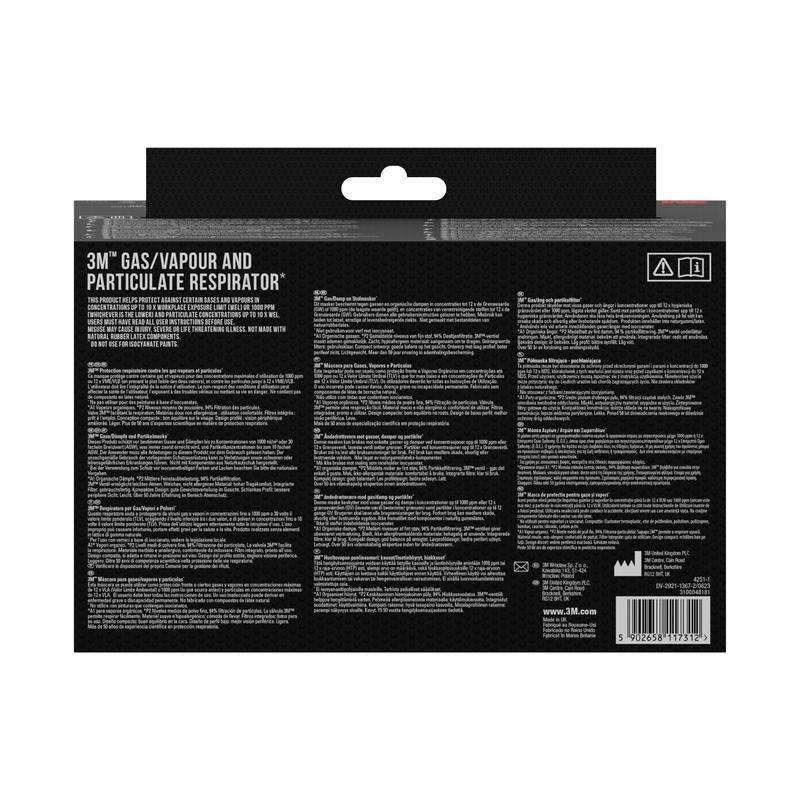 Die Abbildung zeigt die Rückseite einer Verpackung der 3M Deutschland GmbH 3M™ Partikelfilter 2135, P3, 1 Paar/Packung mit Produktdetails, Anweisungen, Warnhinweisen und einem Barcode in mehreren Sprachen auf einer schwarzen Verpackung.