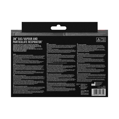 Die Abbildung zeigt die Rückseite einer Verpackung der 3M Deutschland GmbH 3M™ Partikelfilter 2135, P3, 1 Paar/Packung mit Produktdetails, Anweisungen, Warnhinweisen und einem Barcode in mehreren Sprachen auf einer schwarzen Verpackung.
