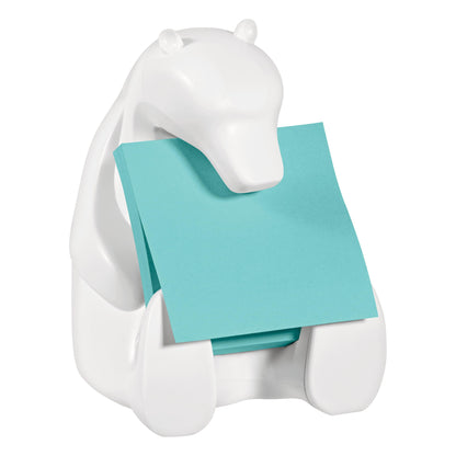 Der weiße Post-it® Z-Notes Dispenser in Bärenform von 3M hält blaue Super Sticky Z-Notes (76x76mm, 45 Blatt/Block, 2 Blöcke/Packung), abgebildet auf weißem Hintergrund.