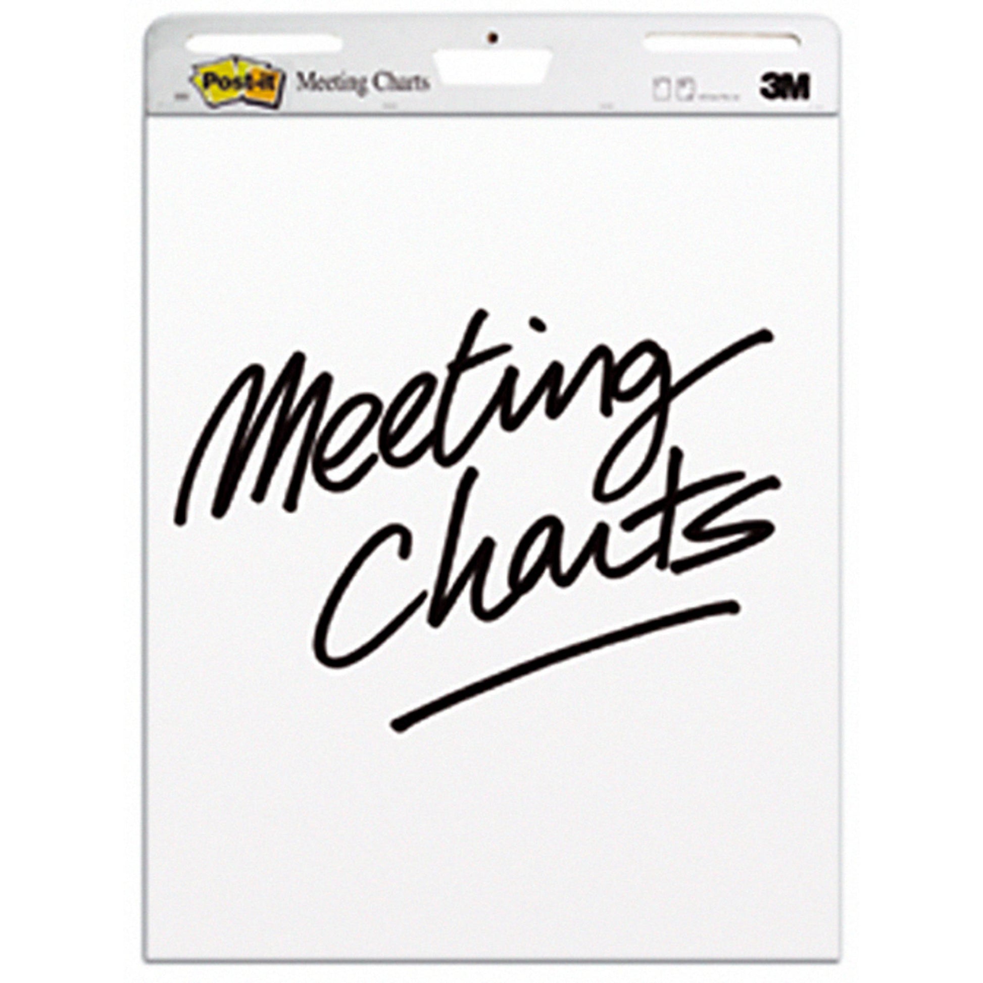 Ein großes weißes Post-it® Super Sticky Meeting Chart/Flipchart (63,5 x 76,2 cm, 30 Blatt/Block, 2 Blöcke/Packung) der 3M Deutschland GmbH, mit "Meeting Charts" in schwarzer Schrift und dem 3M Logo oben rechts.