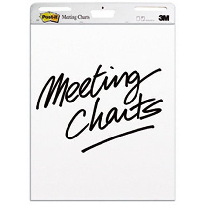 Ein großes Post-it® Super Sticky selbsthaftendes Meeting Chart/Flipchart für Wand-Montage 559 (63,5 x 76,2 cm, 30 Blatt/Block, 2 Blöcke), weiß, von 3M Deutschland GmbH, mit "Meeting Charts" vorn und dem 3M-Logo oben rechts.