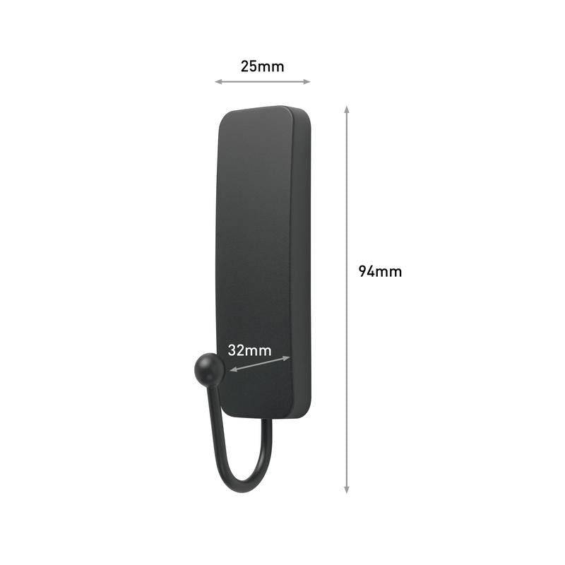 Der mittelgroße Command™ mattschwarze Haken (17034B) von 3M Deutschland GmbH verfügt über eine rechteckige Rückplatte (94×25mm), mit einem Haken, der 32mm hervorsteht - ideal als Wandhaken ohne Bohren für einfache, rückstandsfreie Montage.