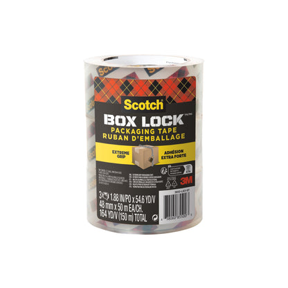 Eine Packung mit drei 3M Scotch® Box Lock™ Verpackungsklebeband 3950-LR3-DC Rollen (48 mm x 50 m), verpackt in klarem Kunststoff. Das Etikett hebt die Marke Scotch und die "Extreme Grip"-Eigenschaft hervor, perfekt zum Verschließen von Kartonverpackungen.