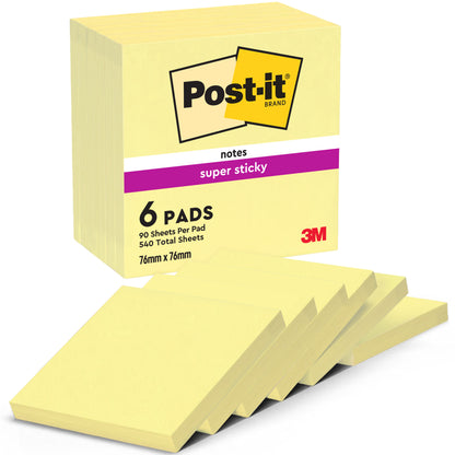 Eine Packung Post-it® Super Sticky Notes der 3M Deutschland GmbH enthält sechs Blöcke (76 mm x 76 mm, je 90 Blatt, 100% PEFC).