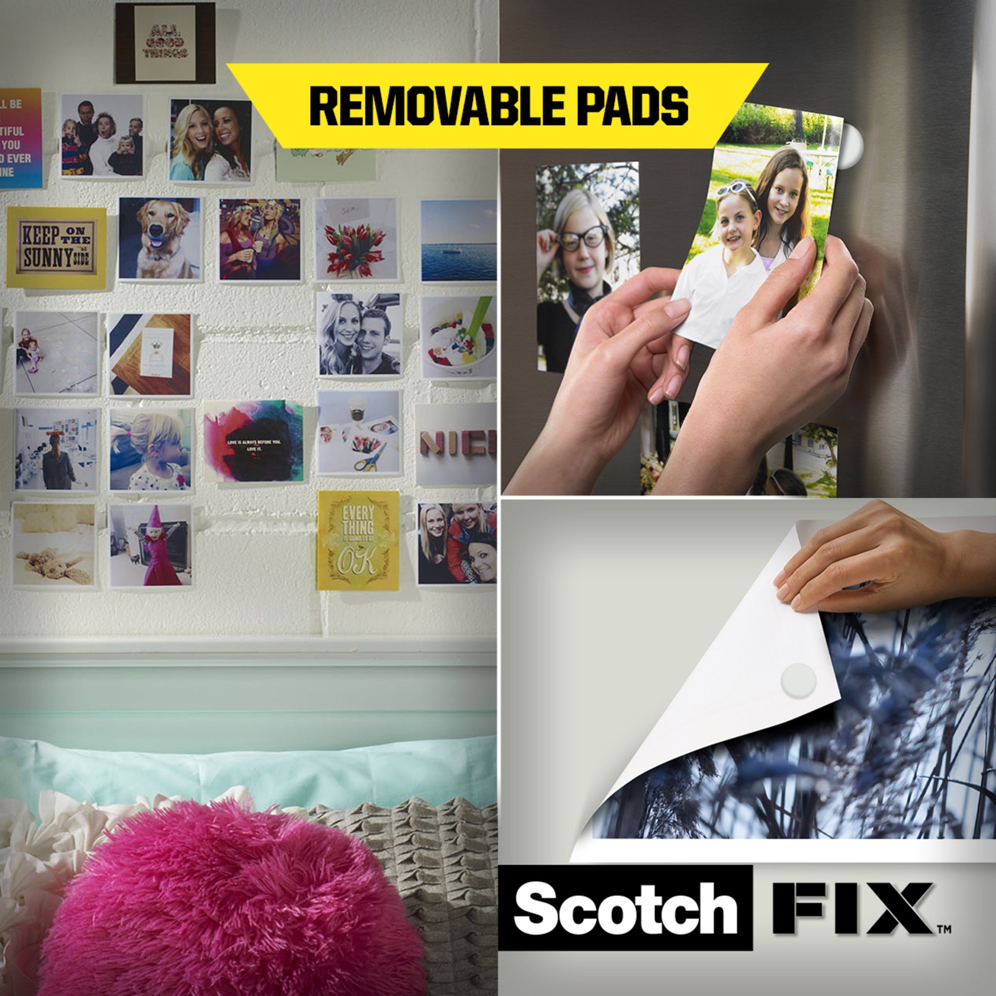 Eine Collage zeigt Fotos an einer Wand, Hände, die ein Foto mit Scotch-FIX™ Ablösbare Klebepads 301008C36-P (11mm x 15mm, 36 Stück/Packung) von 3M Deutschland GmbH anbringen und entfernen, sowie das Produktlogo und den Text "Removable Pads".