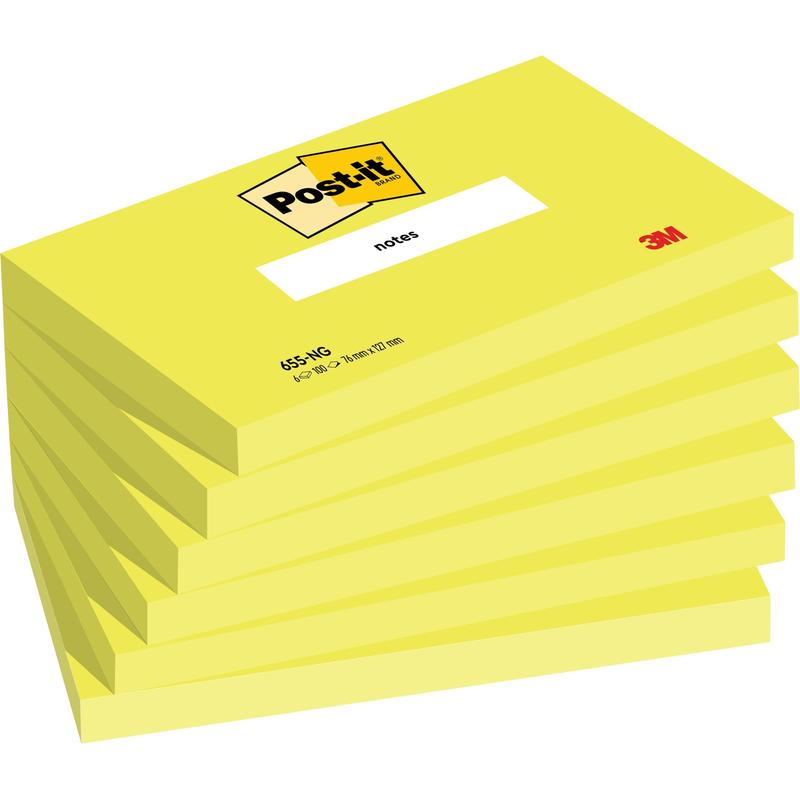 Pictured is a stack of six yellow Post-it® notes (76 mm x 127 mm, 100 sheets/block, 100% PEFC) from 3M Deutschland GmbH, each with the Post-it logo on top and the label "Notizen" on the block.