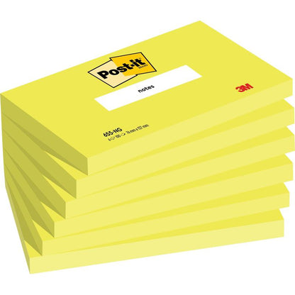 Pictured is a stack of six yellow Post-it® notes (76 mm x 127 mm, 100 sheets/block, 100% PEFC) from 3M Deutschland GmbH, each with the Post-it logo on top and the label "Notizen" on the block.