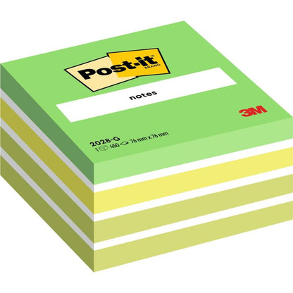 A stack of green and yellow Post-it® sticky notes cube (76 mm x 76 mm, 450 sheets/block, 100% PEFC) from 3M Deutschland GmbH, with the Post-it logo and product details on the packaging.