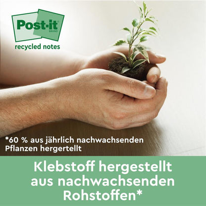 A pair of hands holds a small plant with soil. The German text promotes the Post-it® Super Sticky 100% Recycled Notes (76x76mm, 70 sheets, PEFC) by 3M and highlights their adhesive made from annually renewable resources.