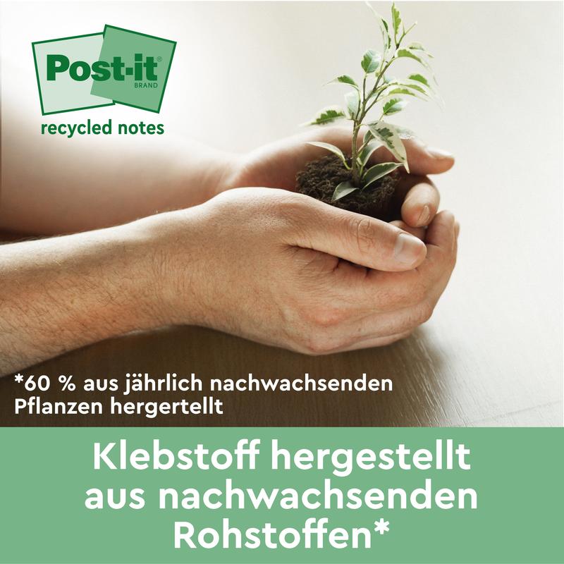 A pair of hands holds a small plant with soil. The text reads: "60% made from annually renewable plants" and "Adhesive from renewable resources". The Post-it® Recycling Notes 76x76mm, 100 sheets, 100% PEFC logo appears at the top left. Brand: 3M Deutschland GmbH.