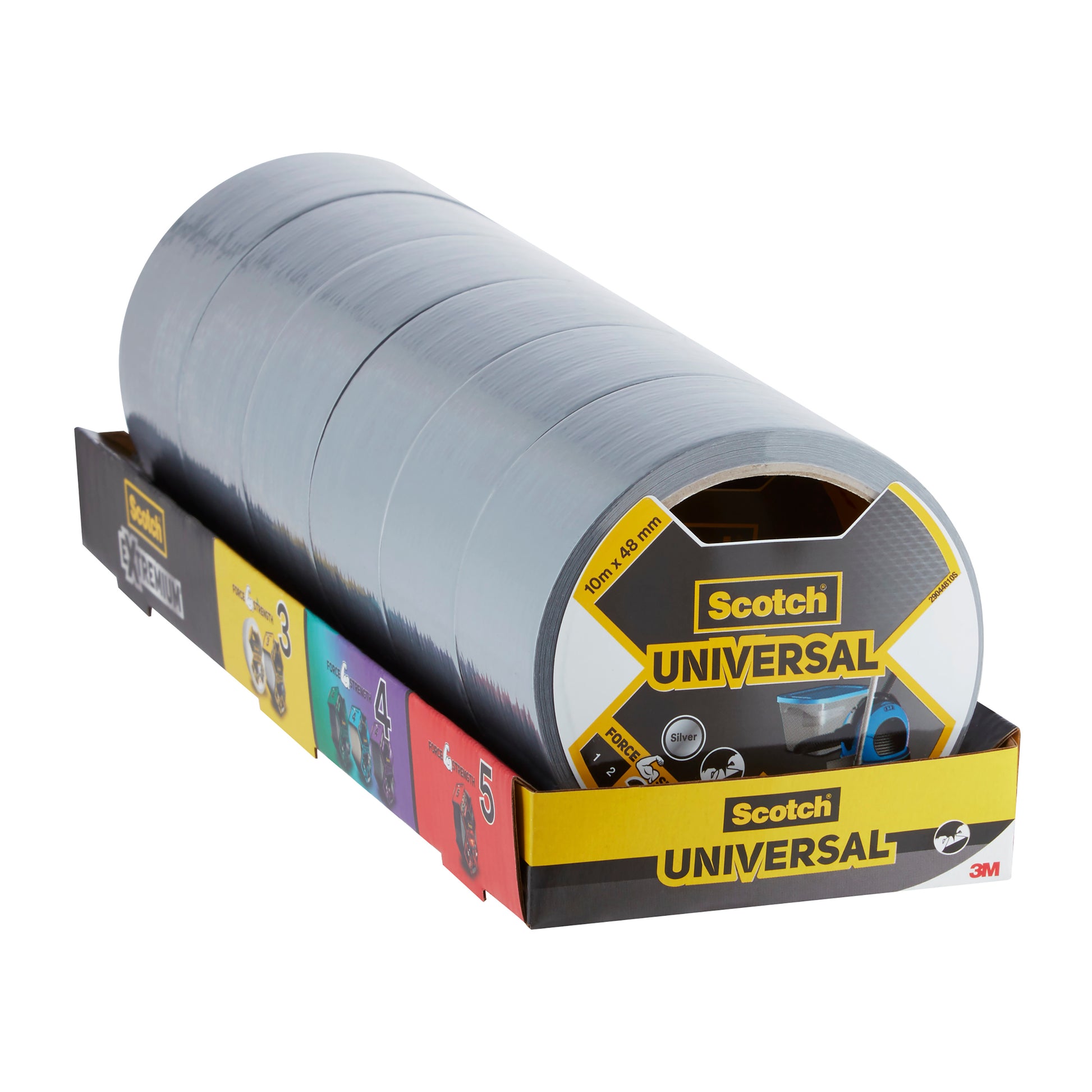 Ein Verpackungsdisplay von Scotch® Universal Klebeband 2904 (10 m x 48 mm) der 3M Deutschland GmbH zeigt mehrere graue Rollen. Auf der schwarz-gelb-roten Verpackung sind die Logos von Scotch und 3M gut sichtbar.