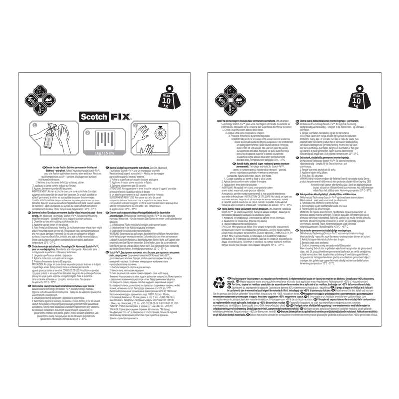 Two instruction sheets for 3M Deutschland GmbH Scotch-FIX™ Extreme double-sided outdoor mounting tape are pictured side by side, each with multilingual black text, illustrated symbols, a recycling symbol, and symbols for the weight limit of 10 kg.