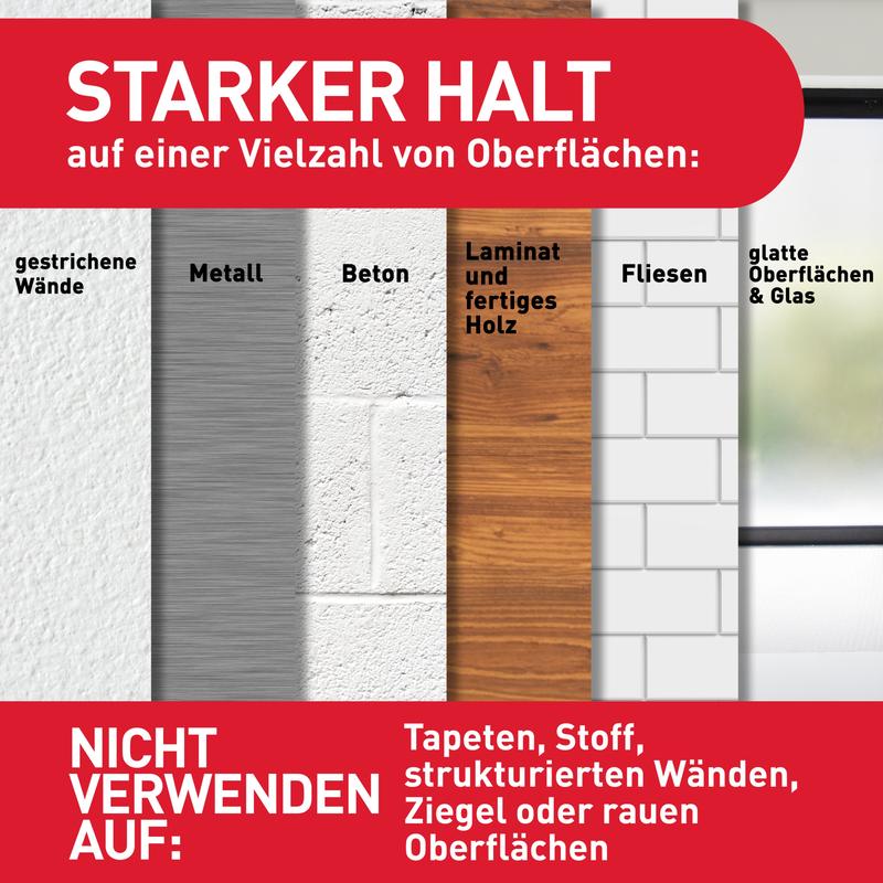A graphic shows surfaces like painted walls, metal, concrete, laminate, finished wood, tiles, and glass. Text: 3M Command™ Mini Hooks 17006CLR adhere strongly there - not suitable for wallpapers, fabrics, textured walls, or rough surfaces.