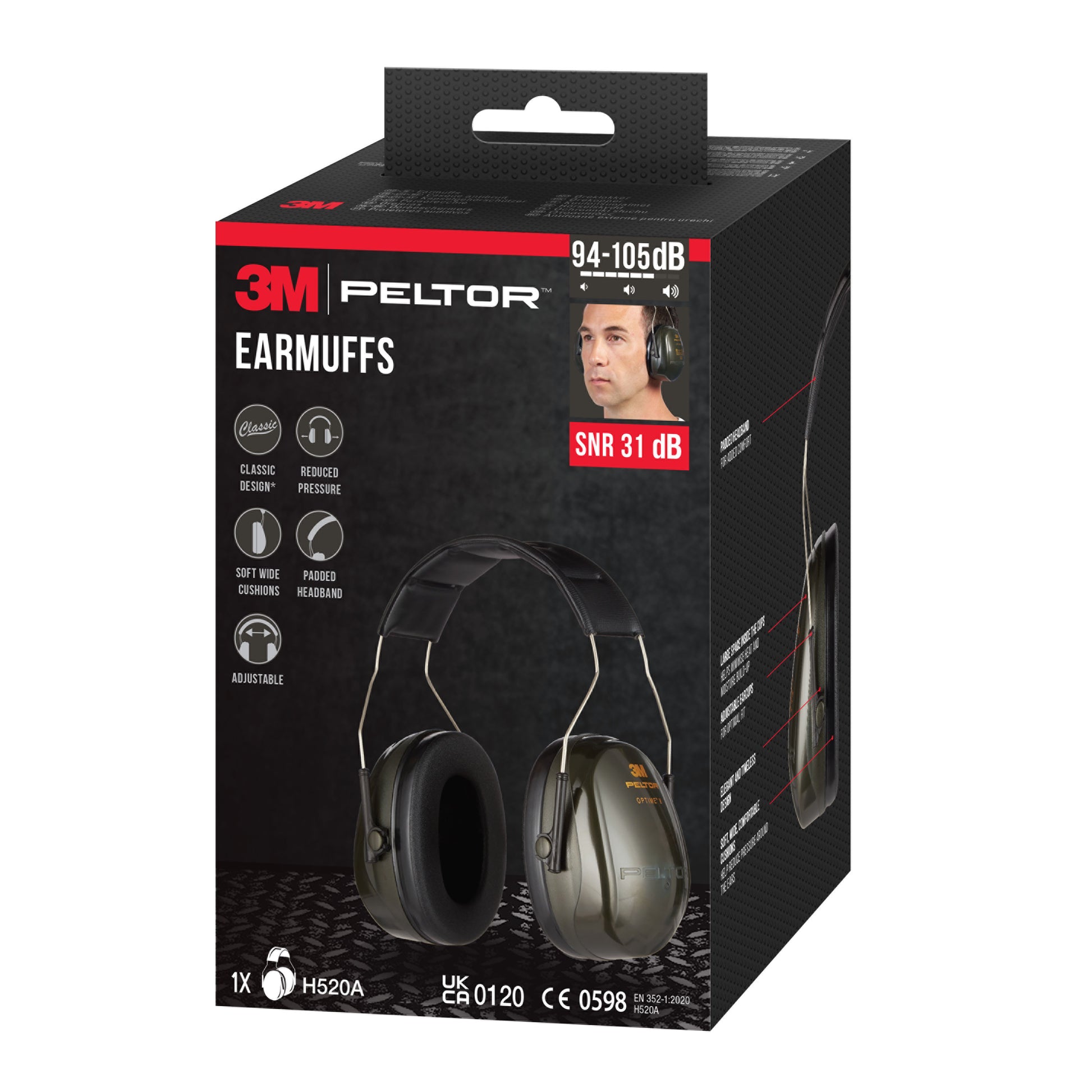 Eine Schachtel 3M™ PELTOR™ Optime™ II H520A Kapselgehörschützer (SNR 31 dB, grün) von 3M Deutschland GmbH, mit Bildern, die den Gebrauch zeigen. Die Verpackung hebt die weichen Ohrpolster, die verstellbare Passform und die hohe Lärmreduzierung hervor.