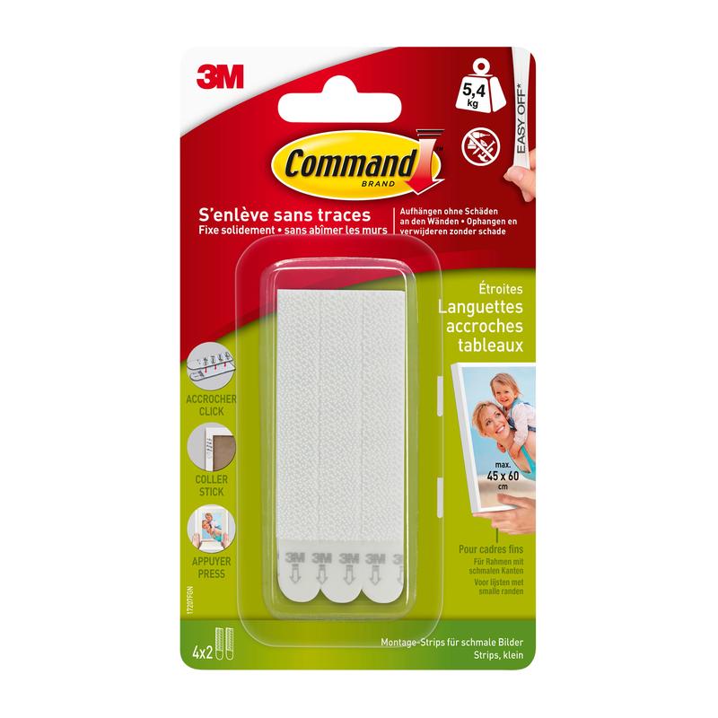 Eine Einzelhandelspackung der 3M Deutschland GmbH Schmale Command™ Bilder-Montage Strips (M) 17207, hält bis zu 5,4 kg, enthält vier weiße Paare für schmale Bilderaufhängungen und eine Anleitung in Deutsch und Französisch.