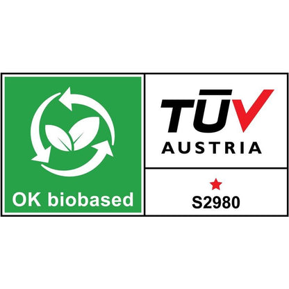 Das "OK biobased"-Label zeigt grüne Blätter, kreisförmige Pfeile und einen TÜV AUSTRIA-Abschnitt mit rotem Stern und Code S2980 - ideal für umweltfreundliche Produkte wie den 3M Deutschland GmbH Scotch™ Tischabroller im Katzen Design C39 + Magic™ Klebeband.